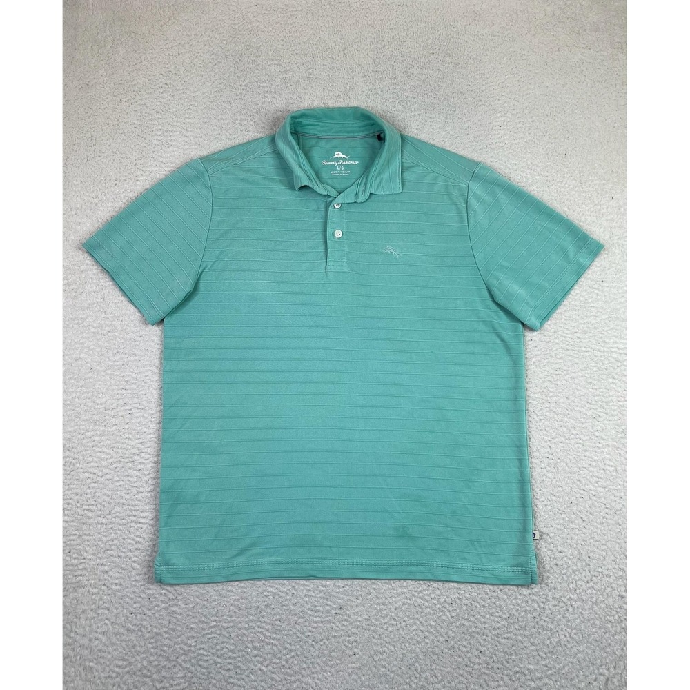 Tommy Bahama Polo Shirt Mens Large Teal Green Striped Marlin Logo TENCEL Modal‎